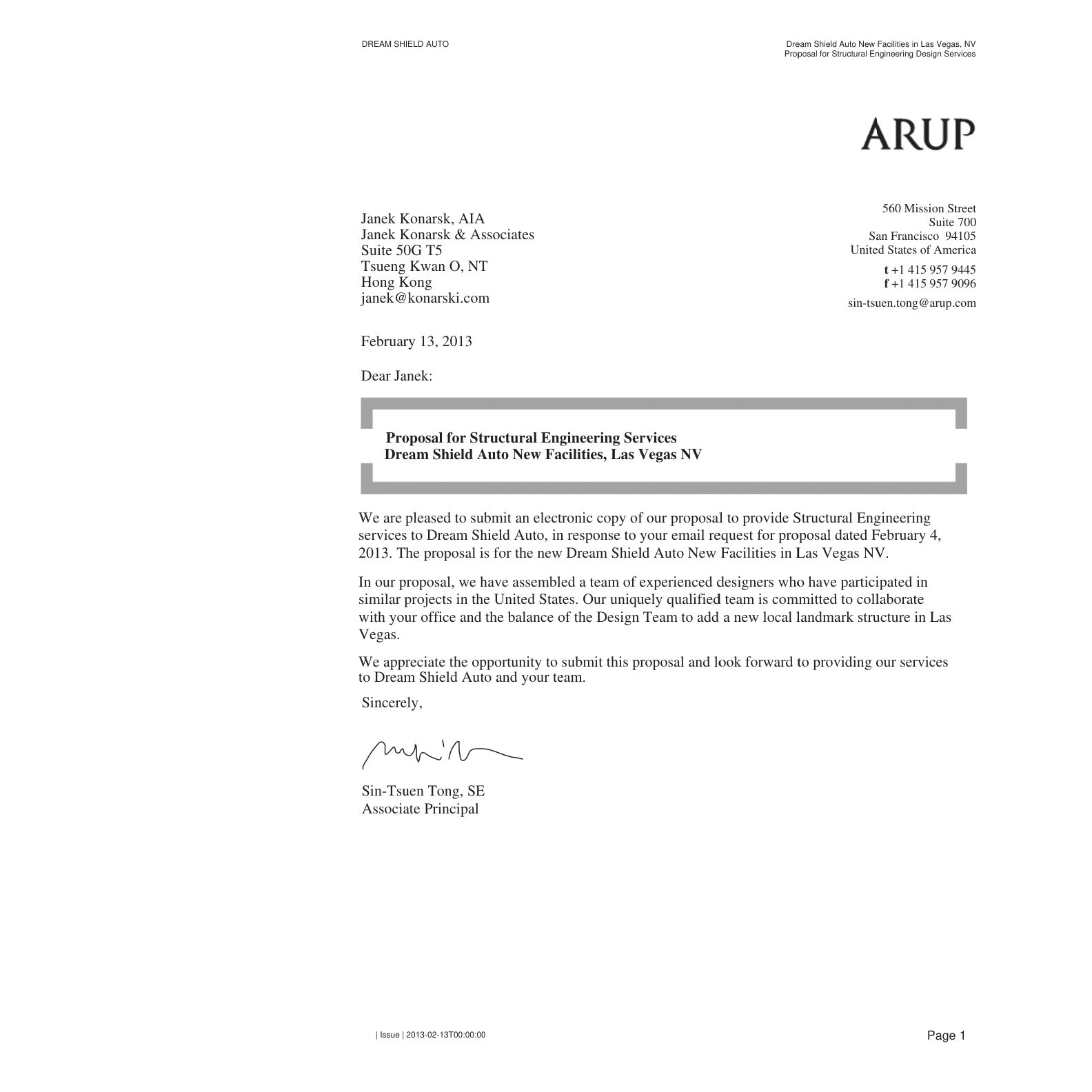 Signed letter from Arup North America Ltd, dated February 13, 2013, signed by Sin-Tsuen Tong, Associate Principal