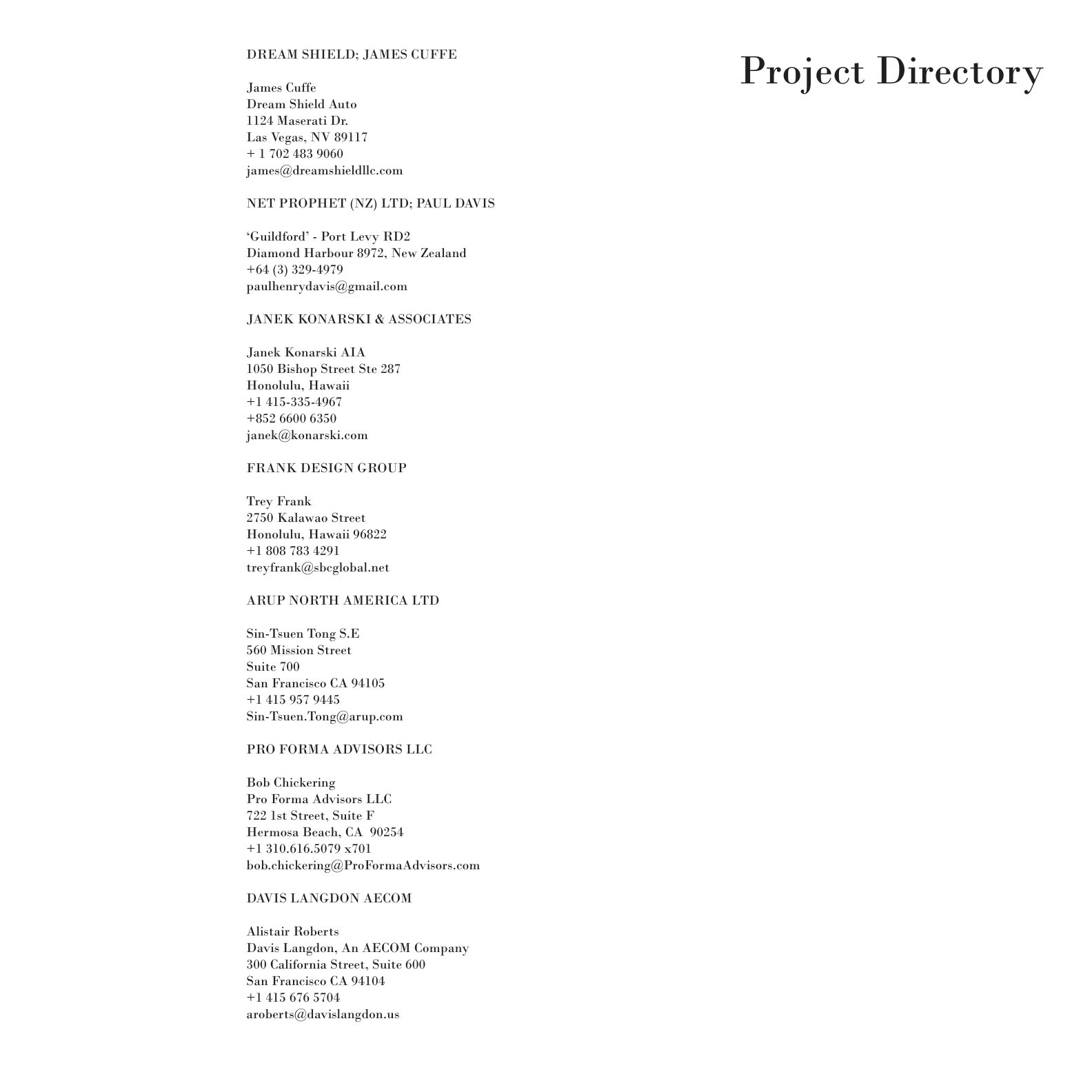 Project directory page from the Dream Shield Volume 5 document, listing ARUP North America, Davis Langdon AECOM, Pro Forma Advisors, and the rest of the project team