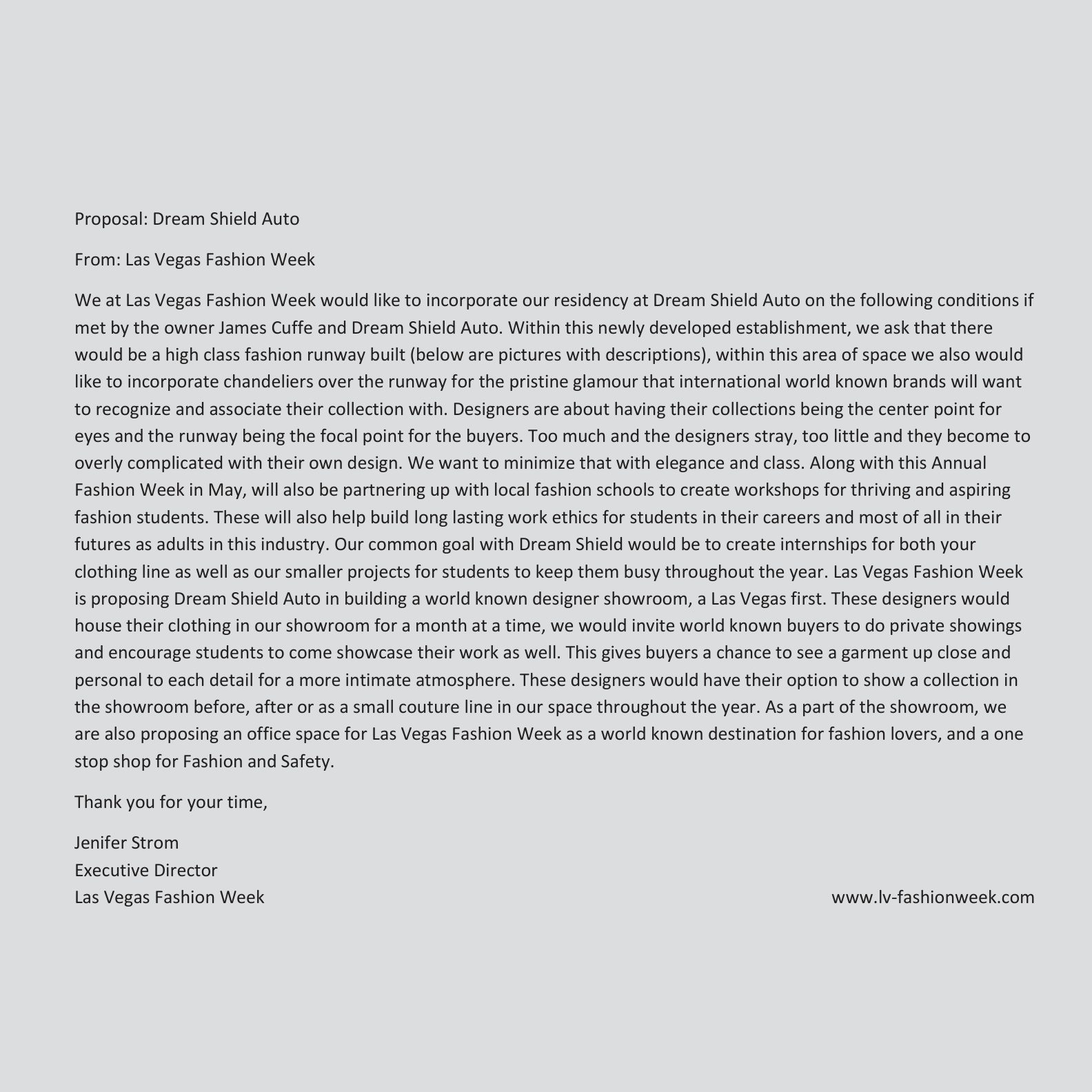 Proposal letter from Las Vegas Fashion Week, addressed to Dream Shield Auto and James Cuffe, from Jenifer Strom, Executive Director