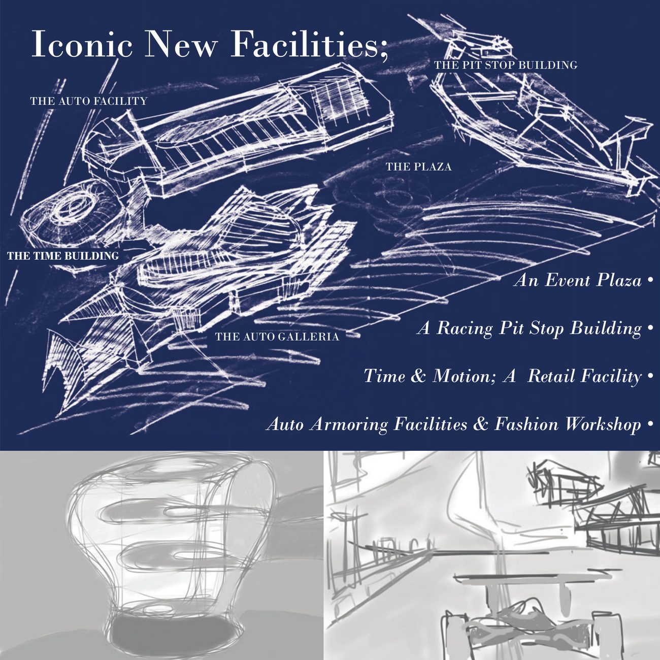Blueprint-style concept sketch of the four iconic new facilities arranged around an event plaza: the auto facility, the time building, the auto galleria, and the pit stop building