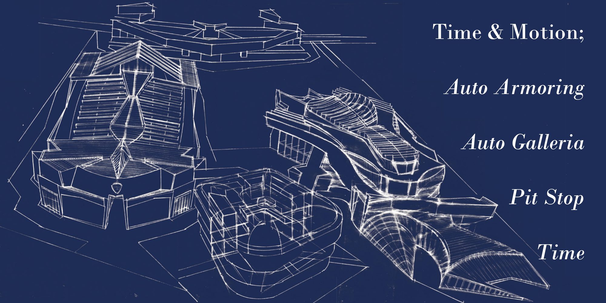 Hand-drawn architectural perspective of the full Dream Shield campus on a blueprint-blue ground, showing the auto facility, the Auto Galleria, the time and motion retail building, and the Pit Stop building with its curving canopy